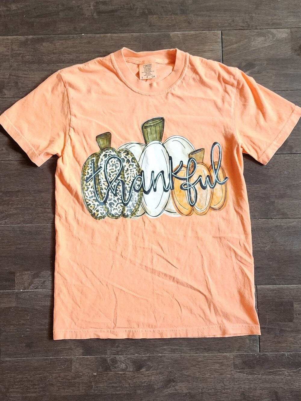 Comfort Colors Peach Tee with 'Thankful' Pumpkin Trio